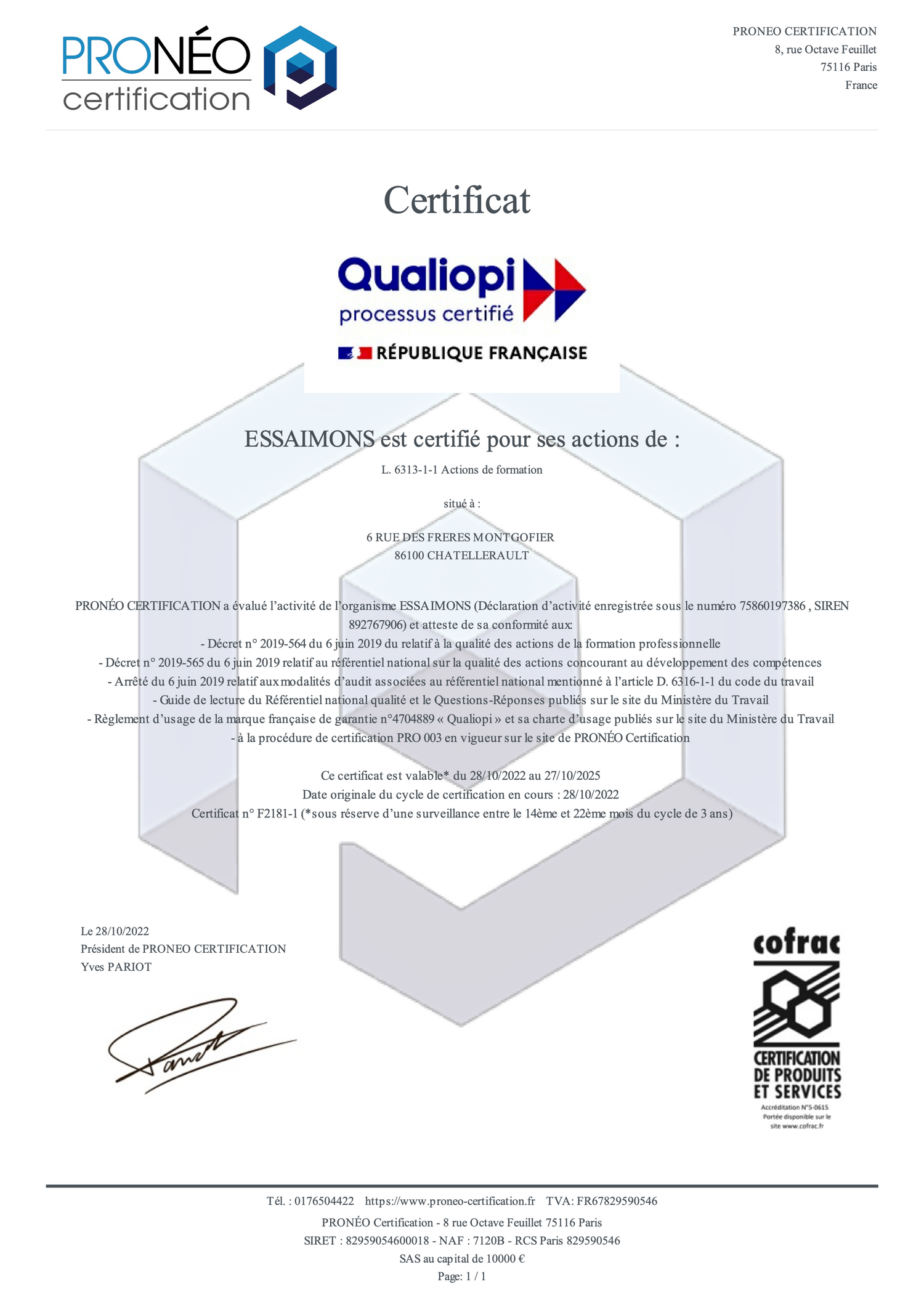 Certificat QUALIOPI